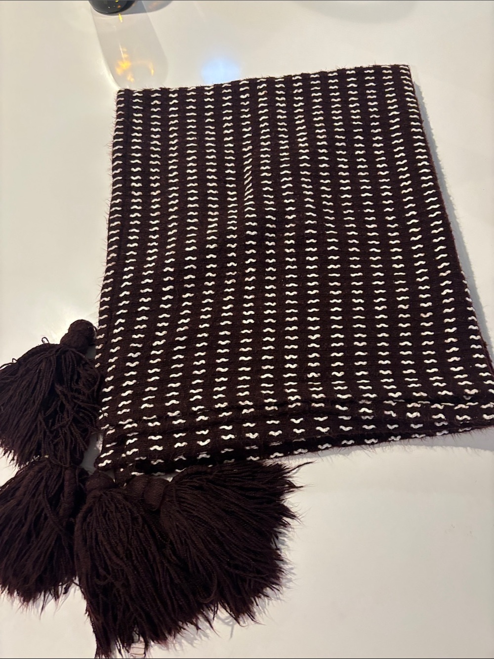 West Elm Burgundy and White Knit throw blanket with Tassels
